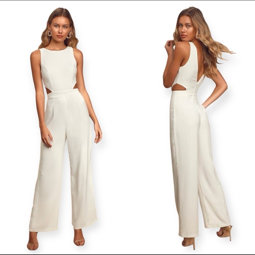 Lulus Moments to Remember White Sleeveless Wide-Leg Cutout Jumpsuit size Large